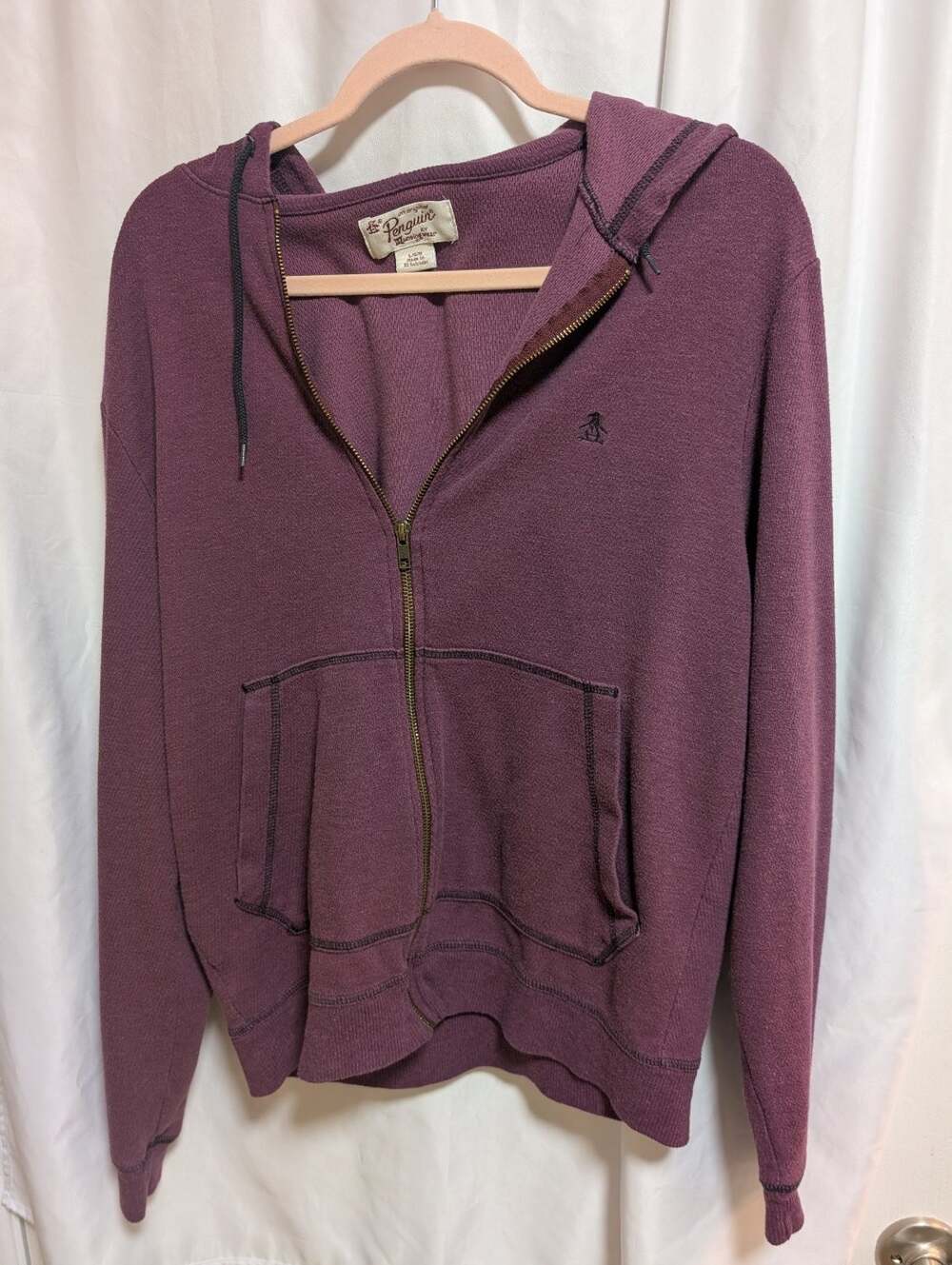 Original Penguin Men's Large L Full Zip Hooded Sweatshirt Hoodie Purple Waffle